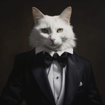 A white cat wearing a suit and bow tie