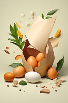 A paper bag filled with eggs and oranges