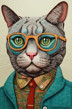 A painting of a cat wearing glasses and a tie