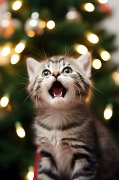 A kitten sitting in front of a christmas tree