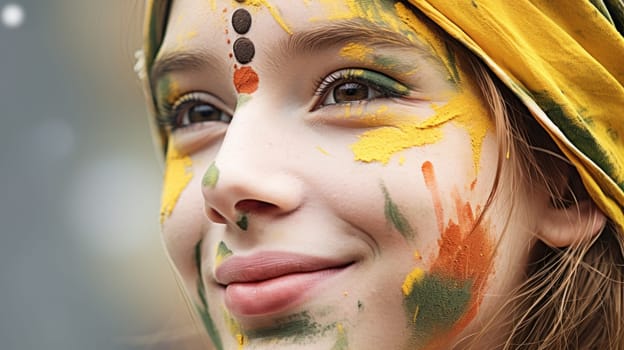 A girl with face paint and a yellow head scarf