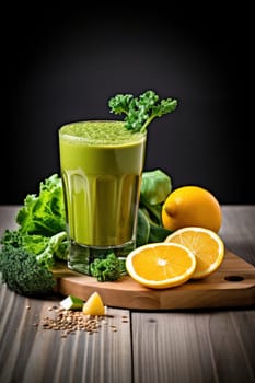 A green smoothie with oranges and broccoli on a cutting board