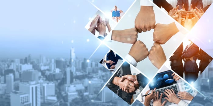 Teamwork and human resources HR management technology concept in corporate business with people group networking to support partnership, trust, teamwork and unity of coworkers in office kudos