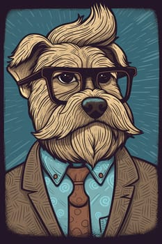 A dog wearing a suit and tie with glasses