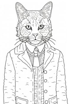 A drawing of a cat wearing a suit and tie