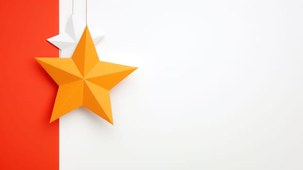 A yellow star hanging from a red and white wall