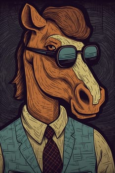 A horse wearing glasses and a vest