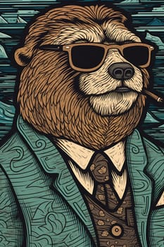 A bear in a suit and tie smoking a cigarette