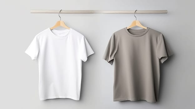 Two t - shirts hanging on a clothes rack