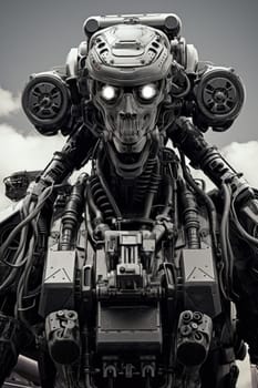 A black and white photo of a robot
