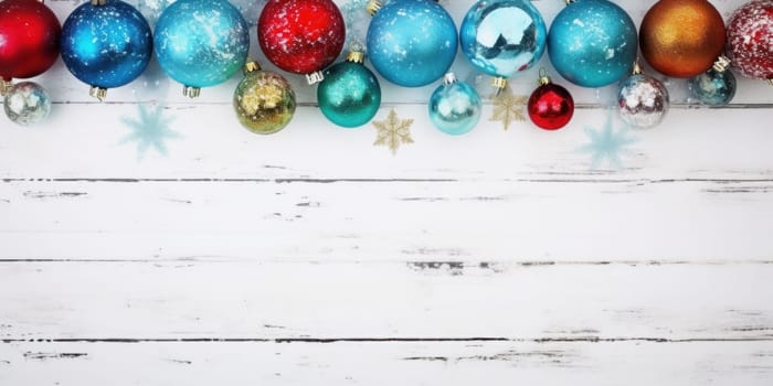 A row of christmas ornaments on a white wooden background