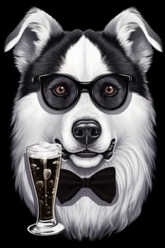 A black and white dog wearing glasses and a bow tie