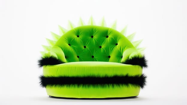 A green chair with black and white fur on it