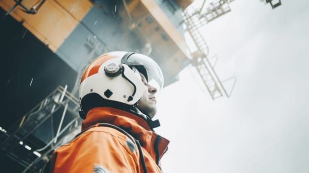 A man in an orange jacket and a white helmet