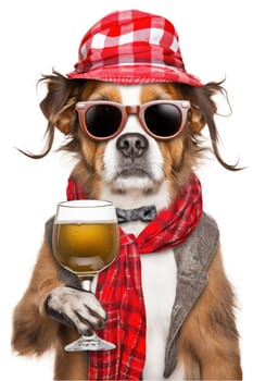 A dog wearing a red hat and scarf holding a glass of beer