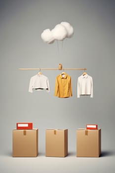 A bunch of boxes with clothes hanging from them