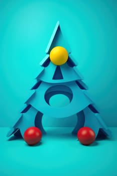 A blue christmas tree with a yellow ball on top of it