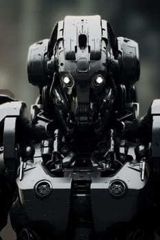 A close up of a black and silver robot
