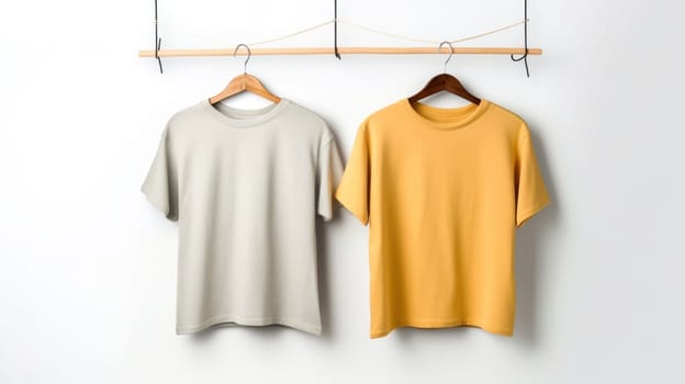 Two t - shirts hanging on a clothes rack