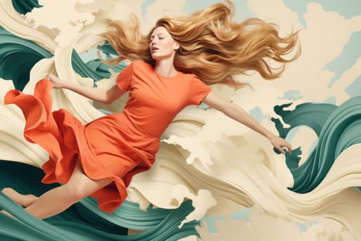 A woman in an orange dress is flying through the air