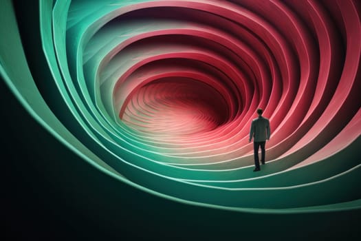 A man is standing in a colorful tunnel