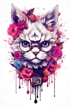 A cat with glasses and flowers on its head