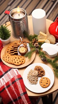 A table topped with cookies and crackers next to a candle