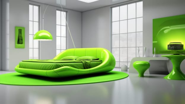 A green bed sitting in a bedroom next to a window