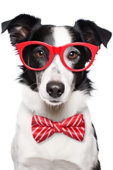A dog wearing red glasses and a bow tie