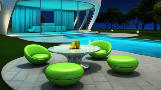 A table with four green chairs around it