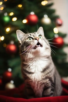 A gray and white cat sitting in front of a christmas tree