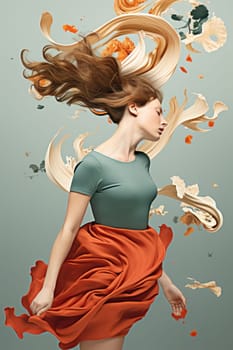 A woman with long hair flying through the air