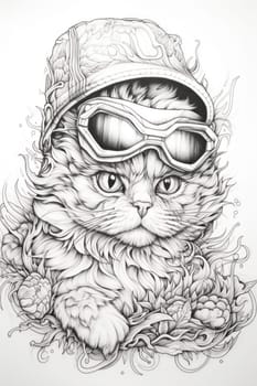 A drawing of a cat wearing a motorcycle helmet