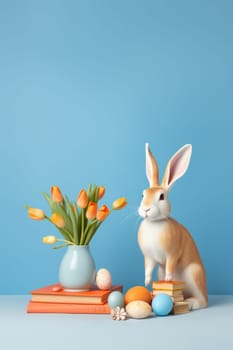 A rabbit sitting next to a vase of flowers