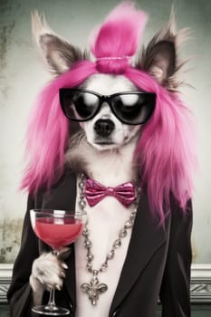 A dog with a pink wig and glasses holding a wine glass