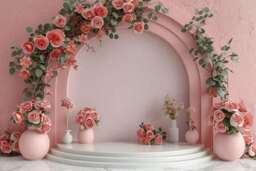 Podium background flower rose product for advertising. Generative AI.