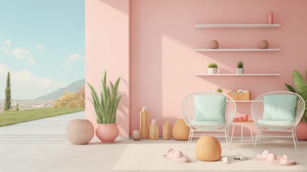 A pink room with two chairs and a table