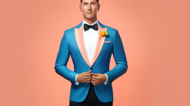 A man in a blue tuxedo with a flower in his lapel