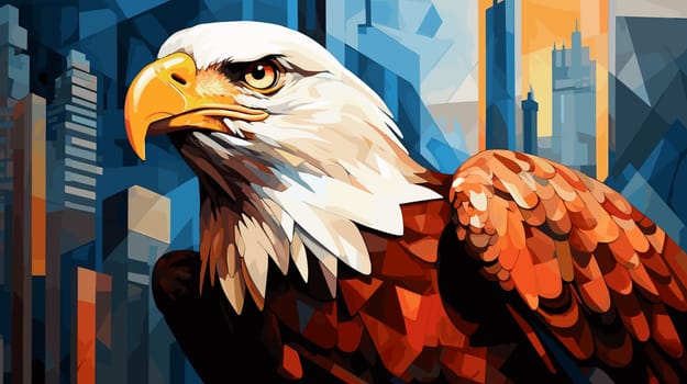 American bald eagle against the backdrop of a metropolis. Illustration in vector pop art style. Template for a poster, t-shirt print, sticker, etc.