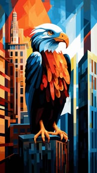 American bald eagle against the backdrop of a metropolis. Illustration in vector pop art style. Template for a poster, t-shirt print, sticker, etc.