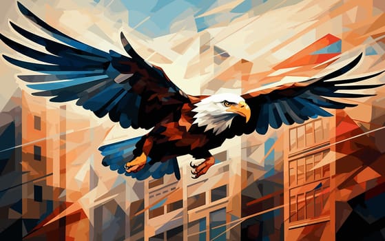 American bald eagle against the backdrop of a metropolis. Illustration in vector pop art style. Template for a poster, t-shirt print, sticker, etc.