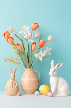 A vase with some flowers in it next to a bunny