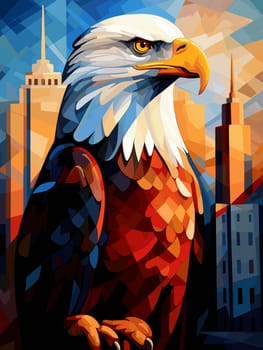 American bald eagle against the backdrop of a metropolis. Illustration in vector pop art style. Template for a poster, t-shirt print, sticker, etc.