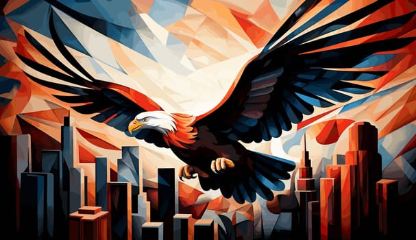 American bald eagle against the backdrop of a metropolis. Illustration in vector pop art style. Template for a poster, t-shirt print, sticker, etc.