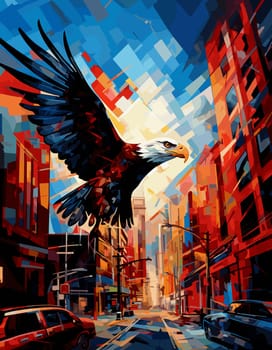 American bald eagle against the backdrop of a metropolis. Illustration in vector pop art style. Template for a poster, t-shirt print, sticker, etc.