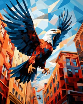 American bald eagle against the backdrop of a metropolis. Illustration in vector pop art style. Template for a poster, t-shirt print, sticker, etc.