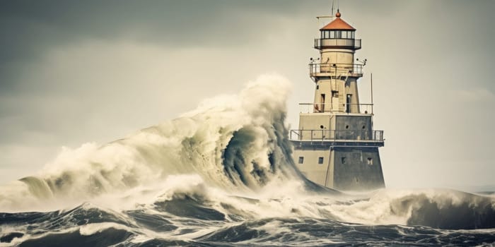 A lighthouse in the middle of a large wave