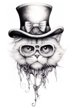 A drawing of a cat wearing a top hat and glasses
