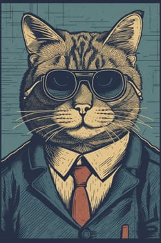 A cat wearing glasses and a suit with a tie