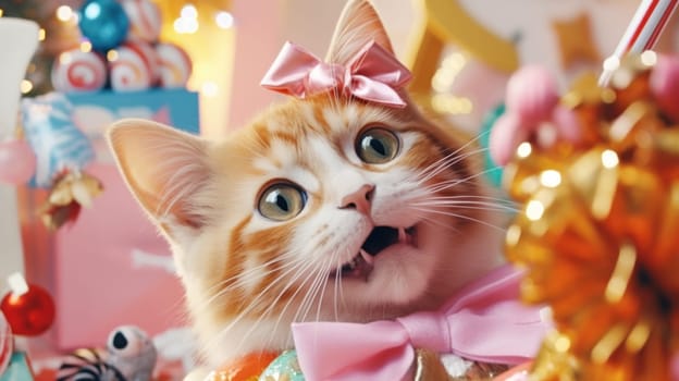 An orange and white cat wearing a pink bow